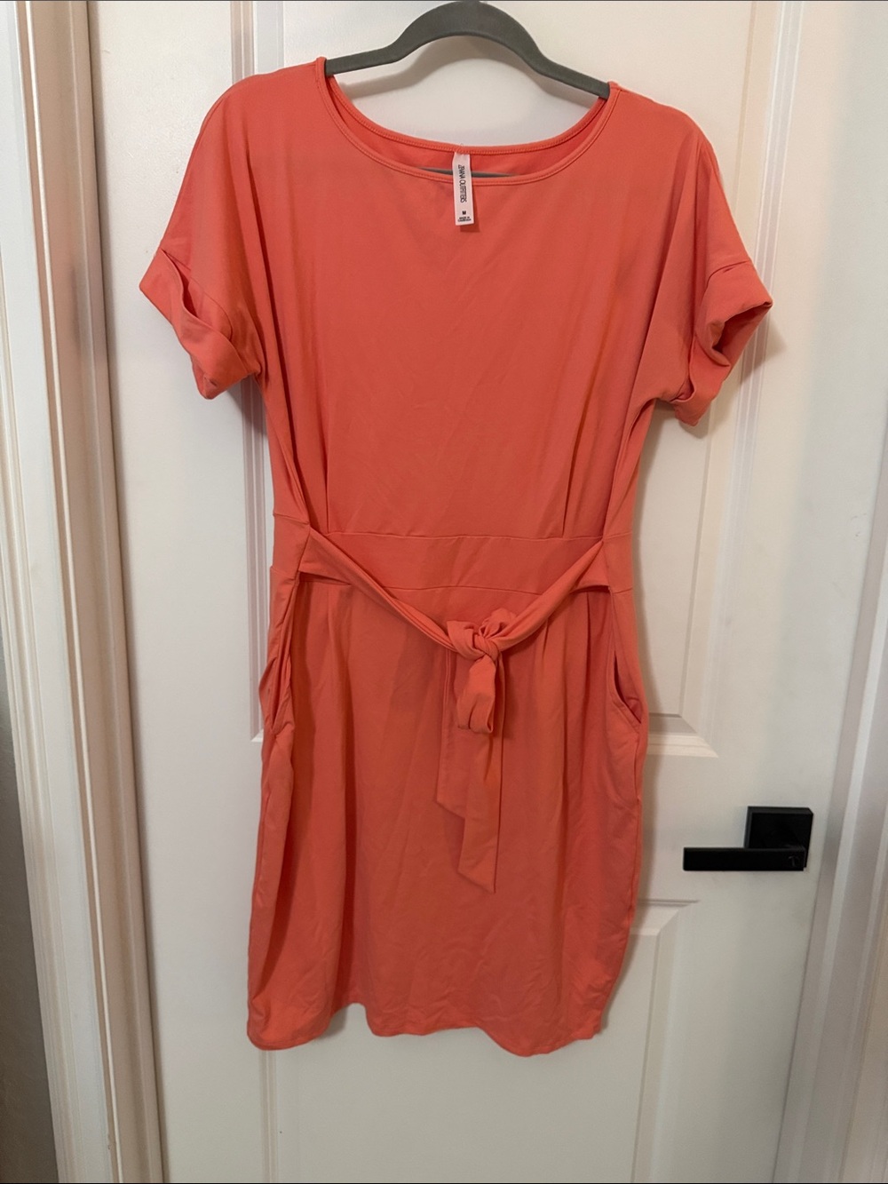 Zenana Outfitters Coral Tie-Belt Short Sleeve Mini Dress